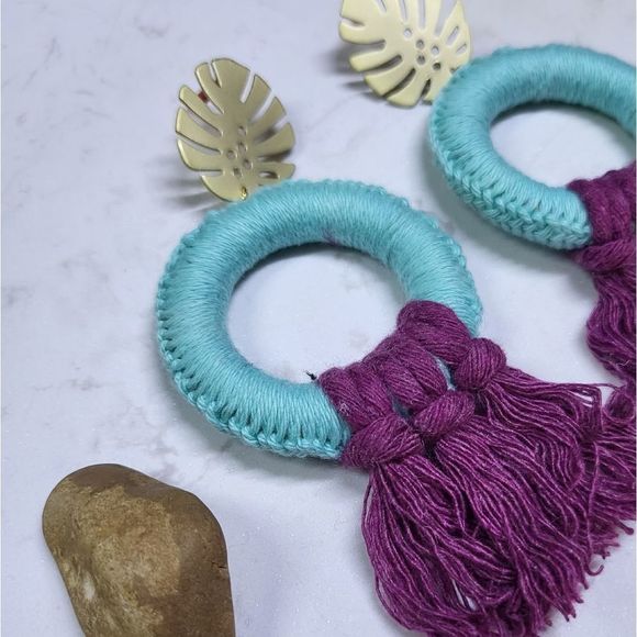 Handmade tassel hoops earrings macrame stainless steel new - Picture 8 of 9